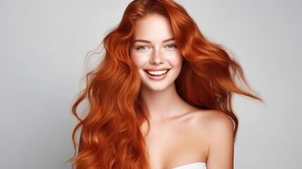  Portrait of Beautiful Smiling Redhead Model with Long Ginger Hair. Young Woman's Beauty and Style