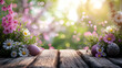 pastel colors Easter eggs on wood with flowers on blurred trees background. free space. Easter card