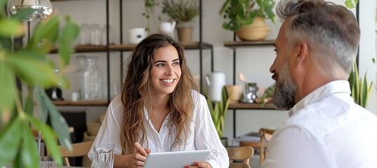 Middle aged executive manager talking to male colleague while working with digital tablet in office