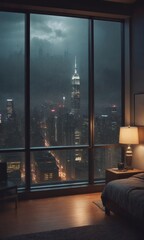 Wall Mural - Cramped bedroom with floor to ceiling glass windows overlooking a city at night