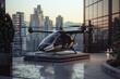 Futuristic drone taxi on rooftop helipad in urban environment.