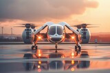 Fototapeta Paryż - Autonomous electric flying car with headlights on at sunset.