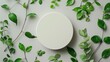 © Eric - Empty round podium and green leaves on light grey background top view, pedestal and fresh natural branches for cosmetic advertising, eco product presentation mockup, top view, minimal flat lay