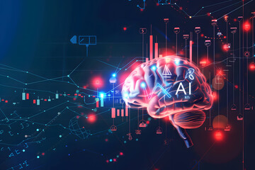 Wall Mural - Electronic brain and Concept of artificial intelligence(AI).Graphic of a digital brain and Human head outline made from circuit board, connecting on dark blue background.