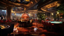 Luxurious casino interior with rich golden accents and gaming tables. Concept of gambling, opulence, and nightlife