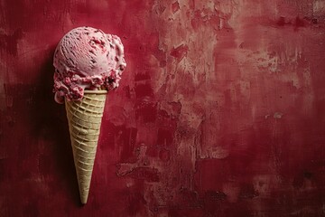 Wall Mural - A scoop of strawberry ice cream in an ice cream cone on a magenta background