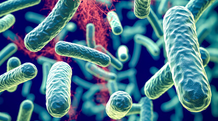 Sticker - Microorganisms observed through a microscope, including bacteria, viruses, and germs, depict concepts of infection and gut flora in this 3D illustration.