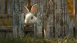 A serene meadow with a fluffy white bunny poking its head out of a hole in a wooden fence, the contrast between the bunny's fluffy fur and the weathered wood creating a picturesque composition
