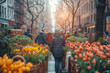 The approach of Easter is marked by colors and twinkling lights on a big city street, an urban spring scene