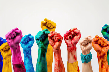 Colorful fists raised in the air. Equality and human rights concept.