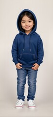 A child model wearing a blank plain hoodie in a studio shot, perfect for mockups or designing custom hoddies as templates