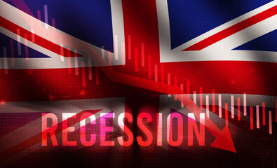 Poster - Economic Recession of United Kingdom with waving flag in the background and red graph going down. UK Recession concept backdrop