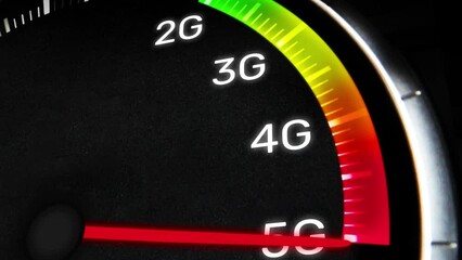 Poster - Internet Speed From Low 2G to High 5G with a Red Needle moving on the speedometer. New Internet speed technology 4K Video