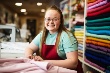 Girl with Down syndrome working in fabric store, looking joyful and smiling. Happy young woman with intellectual disability working as warehouse worker, saleswoman, sales assistant