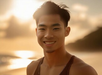 Sticker - Asian smiling model on the beach
