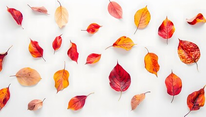 autumn leaves on a white background, aerial view