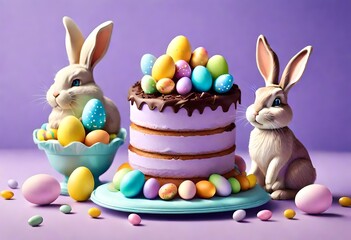 Wall Mural - Easter cakes adorned with colorful eggs, chocolate candies, and a charming bunny figurine