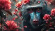 Na zdjęciu widać małpę z niebieską twarzą, która jest otoczona różowymi kwiatami w dżungli.