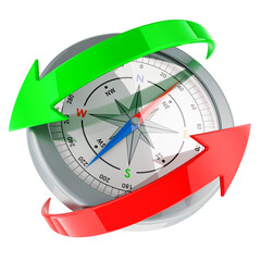 Poster - Compass with green and red arrows around. 3d rendering isolated on transparent background