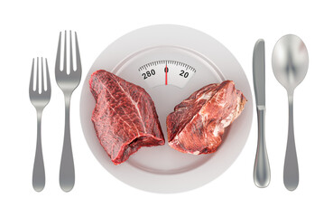 Wall Mural - Raw meat on the plate with weight scale. Ketogenic Diet, concept. 3D rendering isolated on transparent background