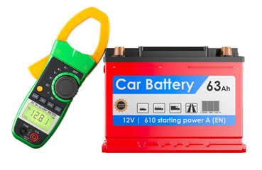 Poster - Car Battery with Digital Clamp Meter Multimeter, 3D rendering isolated on transparent background