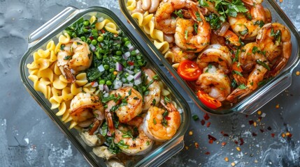 Wall Mural - mediterranean meal prep food with shrimps, chicken, pasta, greens, bean, food photography, 16:9