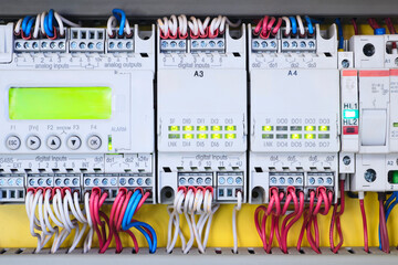 Poster - new automated system of electric power supply and distribution. Electric boxes with high-voltage equipment. The scheme for supplying electric power through the main and reserve channels