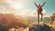 © goami - man hiker jumping on the edge of mountain cliff, person standing on rock, motivation and achievment concept