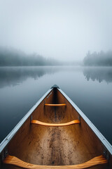 Wall Mural -  first person view of kayak boat at mountain lake with fog, pov canoe at misty river