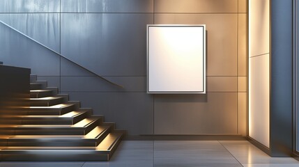 A sleek, modern staircase area in a house, showcasing an empty canvas frame against a wall with a metallic finish, highlighted by the artistic light of a sculptural wall fixture.