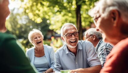 A group of joyful retirees gathers in a community center. Multiethnic group of professionals smiling in meeting.