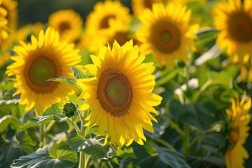 Wall Mural - Field of yellow sunflowers glowing in the sun, closeup macro photography