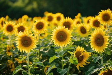 Wall Mural - Field of yellow sunflowers glowing in the sun, closeup macro photography