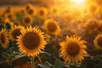 Wall Mural - Field of sunflowers with setting sun painting sky, creating breathtaking view