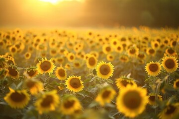 Wall Mural - Field of sunflowers with setting sun painting sky, creating breathtaking view