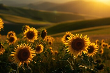 Wall Mural - Field of yellow sunflowers glowing in the sun, closeup macro photography