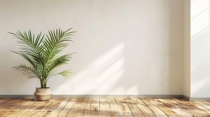 Aufkleber - A lush palm tree, thriving in a flowerpot on a wooden floor, brings life and nature to the indoor space against the backdrop of a window and wall