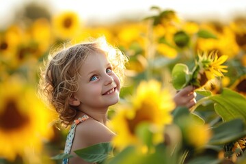 Wall Mural - A happy girl is smiling in a sunflower field, surrounded by yellow flowers