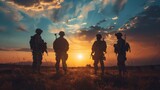 Fototapeta  - As the sun sets over the vast field, a group of soldiers stands in silhouette against the vibrant sky, their hiking gear and military clothing contrasting against the lush green grass and dramatic cl
