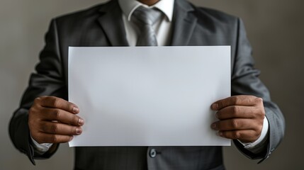 Poster - Corporate man displaying large white paper mockup on soft background, with room for text or graphics