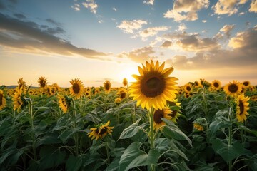 Wall Mural - Field of sunflowers with setting sun painting sky, creating breathtaking view