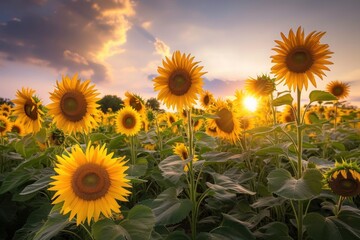 Wall Mural - Field of sunflowers with setting sun painting sky, creating breathtaking view