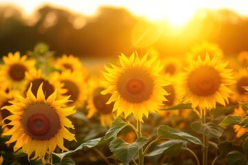 Wall Mural - Field of sunflowers with setting sun painting sky, creating breathtaking view