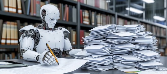 Poster - Futuristic ai robot writing essay, chat bot assistant with pen, homework help on blurred background
