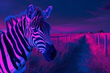 Zebra Standing In Night Field
