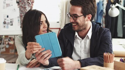 Aufkleber - Teamwork, startup or designers with tablet working on online business in collaboration for project. Writing, digital strategy or people brainstorming together in company, modern office or workspace