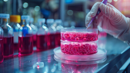 Poster - Researcher examines Petri dish with diverse bacteria colonies, highlighting antibiotic development in pharmacy