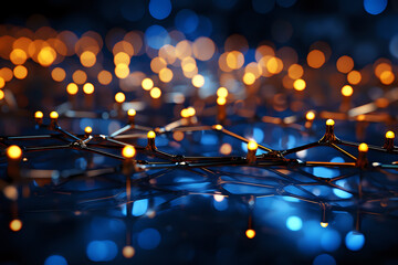 Poster - intricate network of blue nodes with golden connections. ideal for technology, networking, and scien