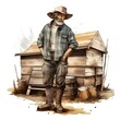 farmer next to beehive in farmyard in the style of digital airbrushing, realistic yet stylized, digitally enhanced, clipart, 32k uhd, detailed crosshatching white background