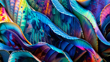 Abstract Fish Scale Texture Of Wavy Layered Folds Pattern Background With Vibrant Iridescent Psychedelic Spectrum Of Vivid Colors.